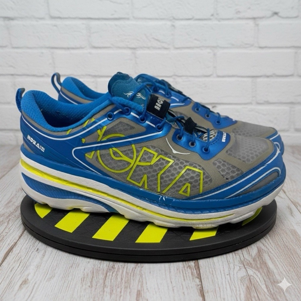 Rare🚨Hoka One One🔥Bondi 3  Running Shoes Blue Gray Lime Green Bungee‎ Laces 10